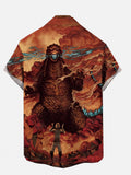 Ukiyo-E Monster Art Roaring Godzilla And Panic Man Printing Short Sleeve Shirt