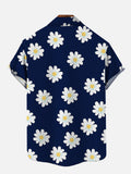 Navy Blue White Elegant Daisy Printing Short Sleeve Shirt