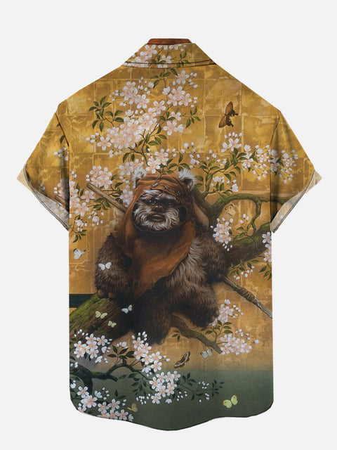 Space Elements Japanese Style Stunning Cherry Blossoms And Hairy Man Printing Short Sleeve Shirt