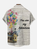 Classic Cartoon Balloon Bundle Flying House With Newspaper Background Printing Short Sleeve Shirt