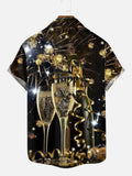 Black Gold Fireworks Happy New Year Champagne Celebration Printing Short Sleeve Shirt