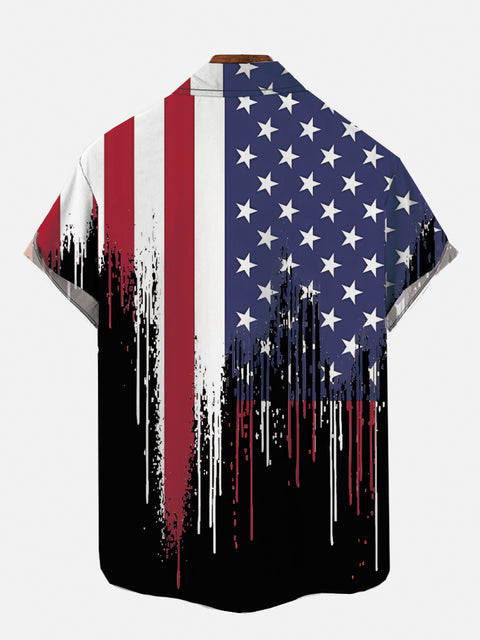 American Flag And Black Patchwork Printing Breast Pocket Short Sleeve Shirt