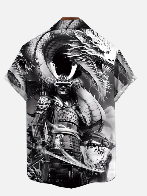 Ink Painting Ukiyo-e Japanese Ghost Samurai And Dragon Printing Short Sleeve Shirt
