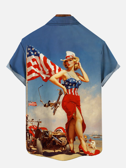 Vintage Pin Up Art American Flag And Girl Printing Short Sleeve Shirt