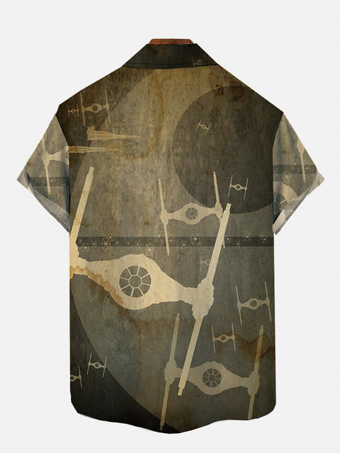Retro Ancient Drone Aircrafts Mural Printing Breast Pocket Short Sleeve Shirt