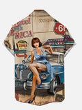Vintage Pin Up Girl Poster Travel USA Route 66 Retro Car And Girl Printing Short Sleeve Shirt