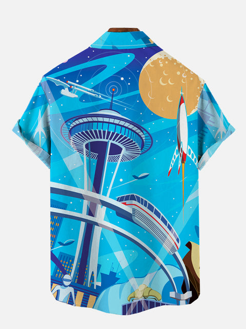 Blue Fantasy Futuristic Poster Rocket And Train Printing Short Sleeve Shirt
