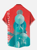 Gradient Red Cyan Science Fiction Space Travel Starship Retro Poster Printing Short Sleeve Shirt