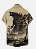 Ink Painting Ukiyo-E Godzilla Personalized Landscape Painting Printing Short Sleeve Shirt