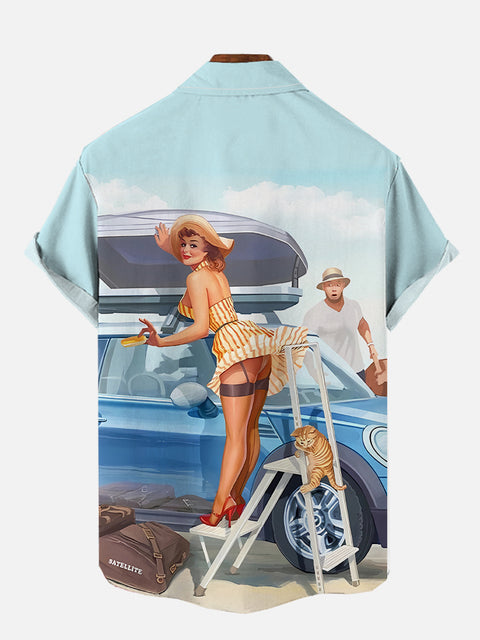 Vintage Pin Up Girl Poster Camping Girl And Kitty Printing Short Sleeve Shirt