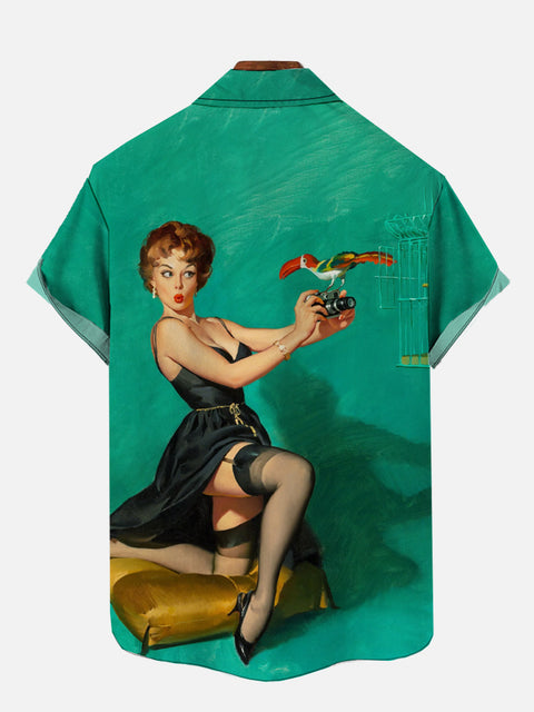 Cyan Vintage Pin Up Girl Poster Beauty And Camera Printing Short Sleeve Shirt