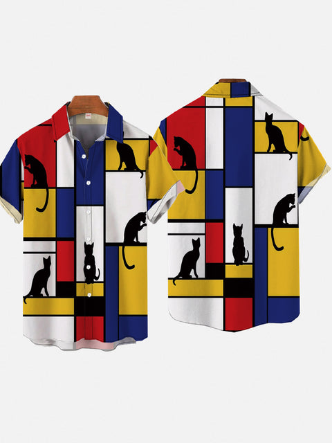 Abstract Mondrian Style Cat In A Window Printing Short Sleeve Shirt
