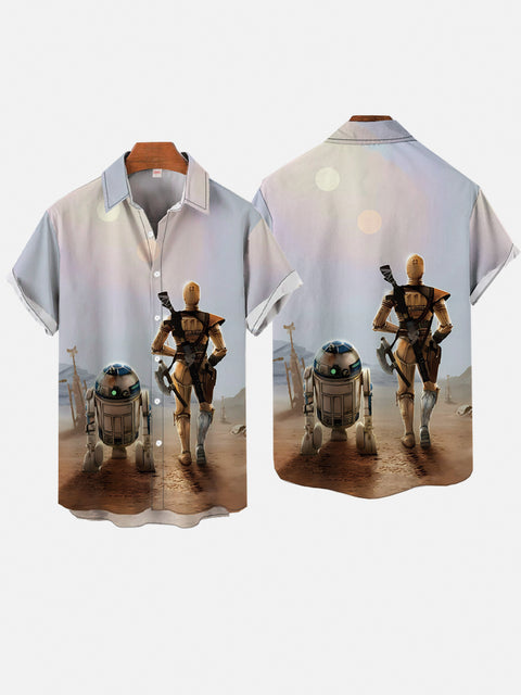 Sci-Fi Space War Exhaust-Filled Battlefield Ruins And Robots Printing Short Sleeve Shirt