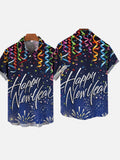 Happy New Year Colorful Ribbons And Fireworks In Starry Sky Printing Short Sleeve Shirt
