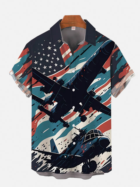 Retro American Flag And Airplane Splash Style Pattern Printing Short Sleeve Shirt