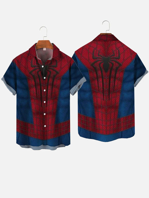Red And Blue Stitching Spider Web Spider Costume Printing Short Sleeve Shirt