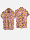 Pink Hawaiian Yellow Duck Printing Breast Pocket Short Sleeve Shirt