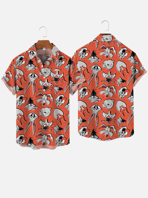 Orange Cartoon Characters Art Painting Printing Breast Pocket Short Sleeve Shirt