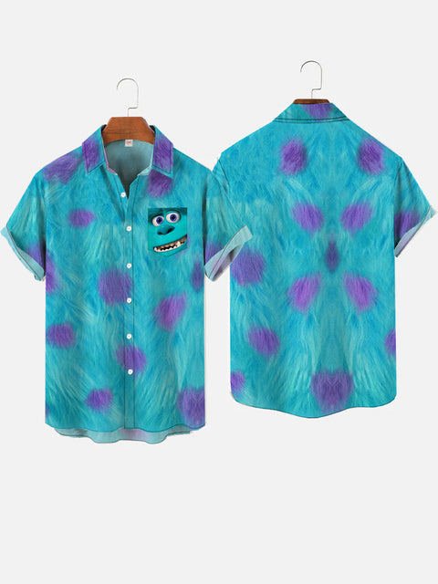 Cyan Purple Spotted Plush Monster Cartoon Costume Printing Short Sleeve Shirt