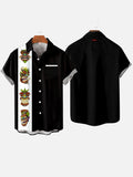 50s Black And White Stitching Tiki With Different Expressions Printing Breast Pocket Short Sleeve Shirt