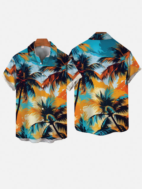 Classic Hawaiian Colorful Tropical Coconut Leaves Printing Short Sleeve Shirt