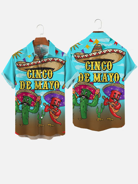 Cinco De Mayo Singing And Dancing Mexican Cactus And Chili Peppers Printing Short Sleeve Shirt