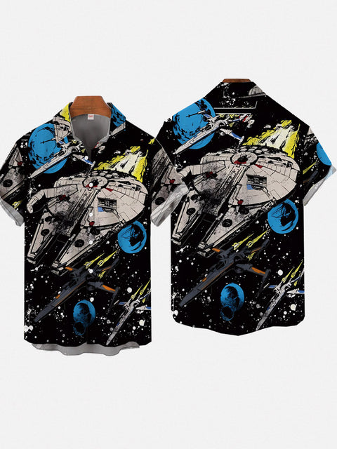 Hand Drawn Space War Spaceship And Flashing Star In Darkness Printing Short Sleeve Shirt