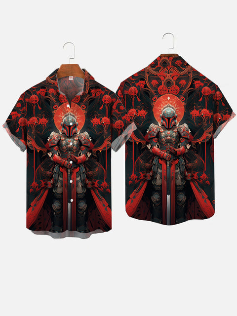 Sci-Fi Space War Samurai And Red Flowers Printing Short Sleeve Shirt