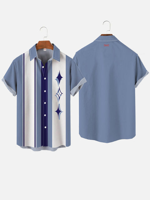50s White & Blue Stitching Geometrical Element Starburst Pattern Printing Short Sleeve Shirt