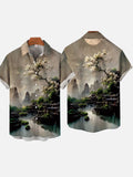 Mysterious Oriental Natural Scenery Stone Steps And Stream Painting Printing Short Sleeve Shirt