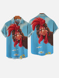 Curious Rooster And Flowers Under Blue Sky Printing Short Sleeve Shirt