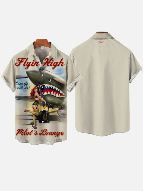 Vintage Pin Up Art Flying High Beauty And Shark Fighter Printing Short Sleeve Shirt