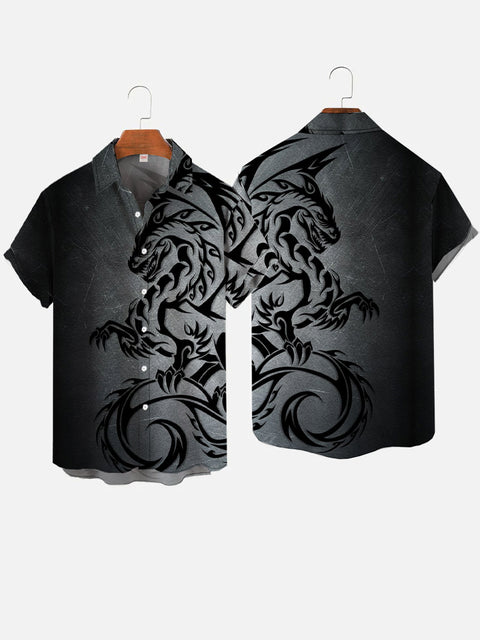 Black Gradient Mythical Beast Dragon Totem Printing Short Sleeve Shirt