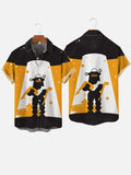 Retro Black And Yellow Abstract Color Block Robot And Beauty Poster Printing Short Sleeve Shirt