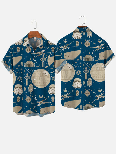 Retro Blue Space War Elements Planet And Robots Printing Short Sleeve Shirt