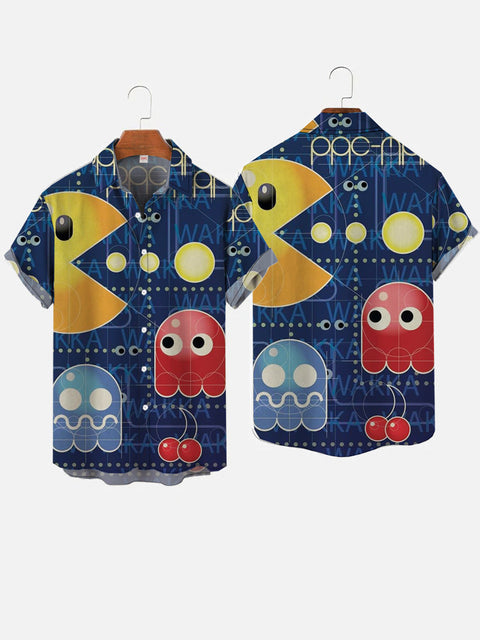 Blue Retro Game Cartoon Jellyfish And Yellow Mouth Monster Printing Short Sleeve Shirt