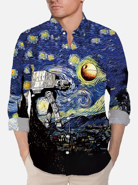Classic Famous Painting Starry Sky And Armored Walker Printing Long Sleeve Shirt