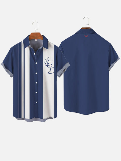 Retro Navy And White Stripes And Cup Pattern Martini Glasses Printing Short Sleeve Shirt