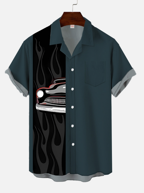 Eye-Catching 50s Retro Classic Dark Green And Black Stitching Flame Car Pattern Printing Breast Pocket Cuban Collar Hawaiian Short Sleeve Shirt