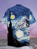 Eye-Catching Classic Famous Painting Starry Sky And Spaceship Printing Cuban Collar Hawaiian Short Sleeve Shirt