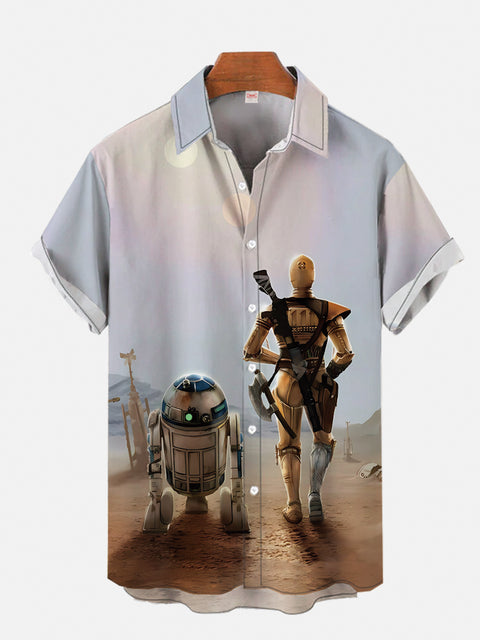 Sci-Fi Space War Exhaust-Filled Battlefield Ruins And Robots Printing Short Sleeve Shirt