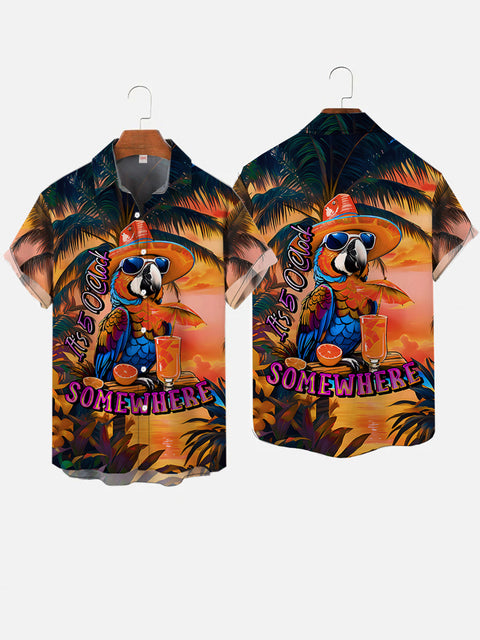 It's 5 O' Clock Somewhere Colorful Sunset Coconut Trees And Parrot Printing Short Sleeve Shirt