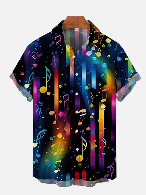 Neon Colored Musical Notes And Stripes Printing Breast Pocket Short Sleeve Shirt