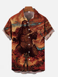 Ukiyo-E Monster Art Roaring Godzilla And Panic Man Printing Short Sleeve Shirt