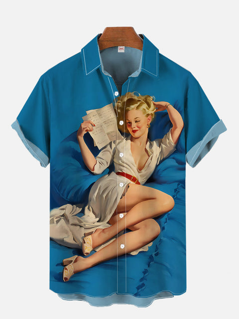 Blue Vintage Pin Up Girl Poster Beauty Reading Letter Printing Short Sleeve Shirt