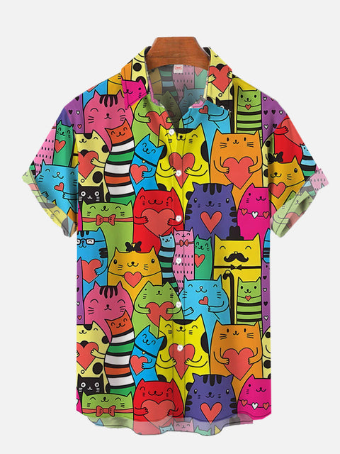 Cartoon Colorful Hand-Painted Cats And Hearts Printing Short Sleeve Shirt