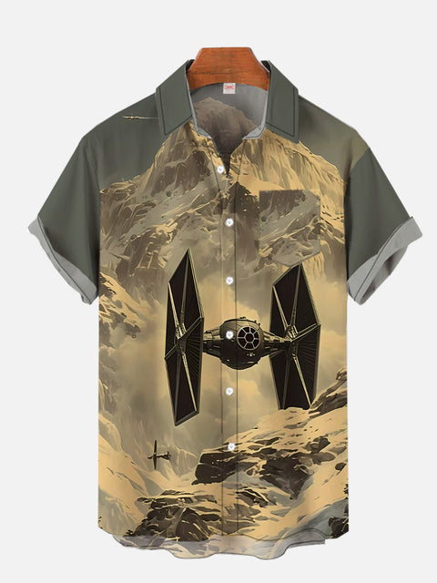 Ukiyo-E Art Sci-Fi Space War Iceberg And Space Fighter Printing Breast Pocket Short Sleeve Shirt