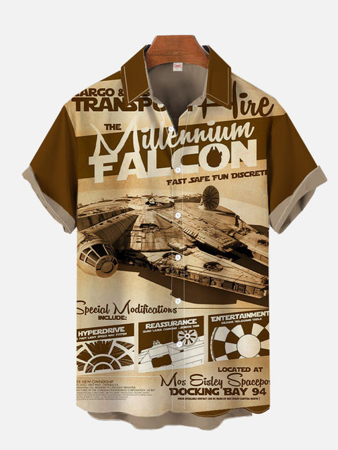 Brown Retro Sci-Fi Space War Spaceship Poster Printing Short Sleeve Shirt