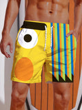 Yellow Stitching Stripes Cartoon Image With Thick Eyebrows Printing Shorts