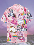 Eye-Catching Pink Stylish Funny Style Unicorn With Rainbow Printing Cuban Collar Hawaiian Short Sleeve Shirt